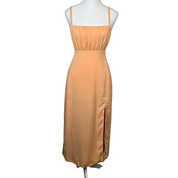 Abercrombie & Fitch Ruched Midi Dress Medium Orange Sleeveless Backless Slit - Picture 3 of 10